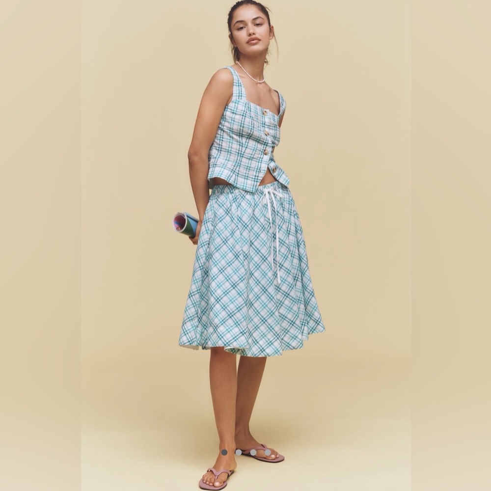2 pieces Maeve Square neck button front top+Drawstring A line cotton midi skirt